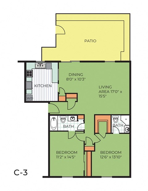 Floor plan for 2 beds, 2 baths, 1140 sqft